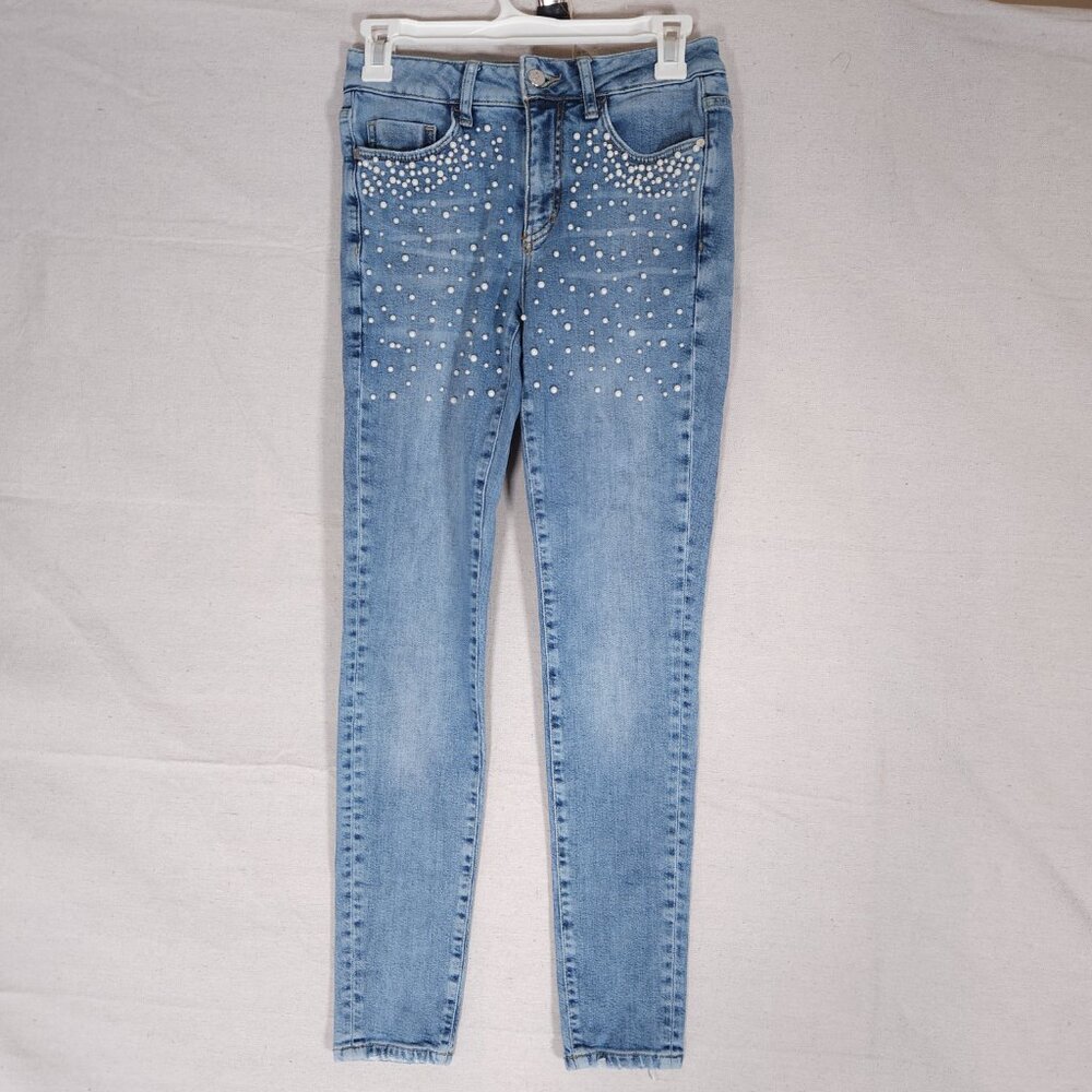 Pilcro Script Womens Faux Pearl Embellished Skinny Jeans Sz 25 Light Wash Glam